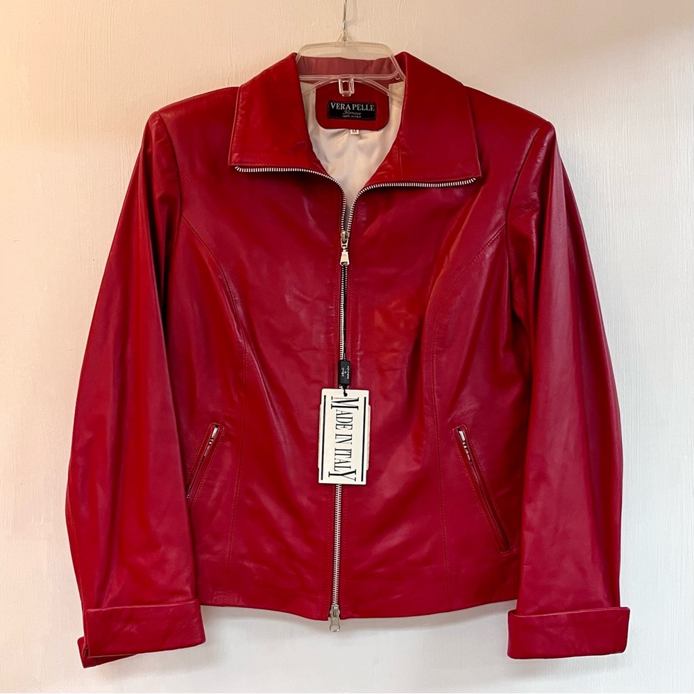 NWT Women’s Vera Pelle Italian Red Leather Zip Up Jacket, Size Medium